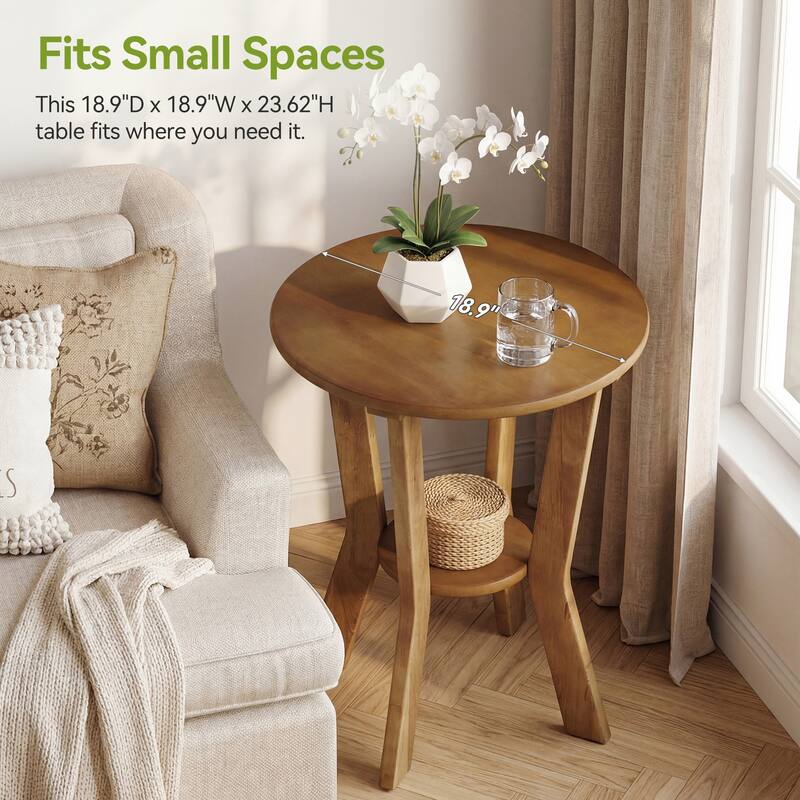 Round Farmhouse End Table with Shelf for Bedroom & Living Room