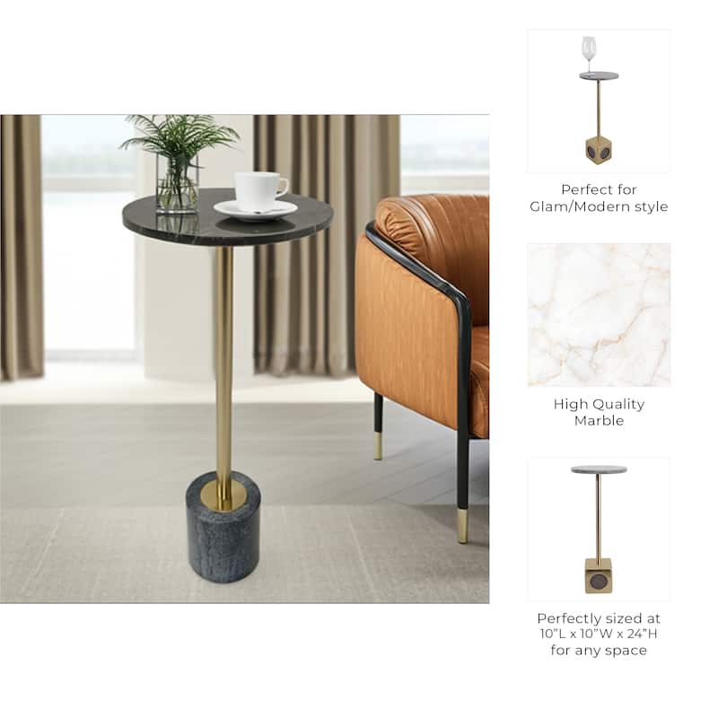Marble Metal Side Table Round Top Narrow Geometric Base - 24" Grey - 24.0"