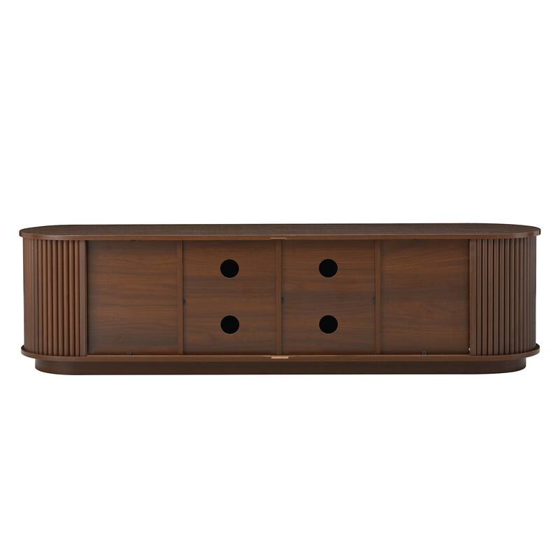 Farmhouse TV Stand with Sliding Tambour Door for 75-Inch TVs, Fluted Media Console with Adjustable Shelves and Golden Handles