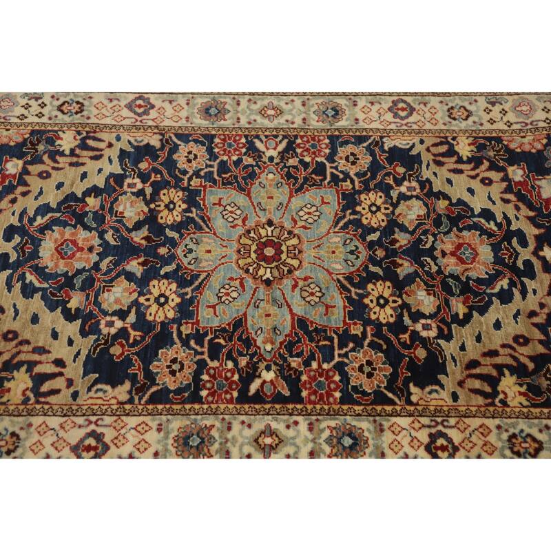 Hand Knotted Oriental 100% Wool Carpet Traditional Floral Navy Blue & Blues Ziegler Runner Rug - 11' 6'' X 3' 0''