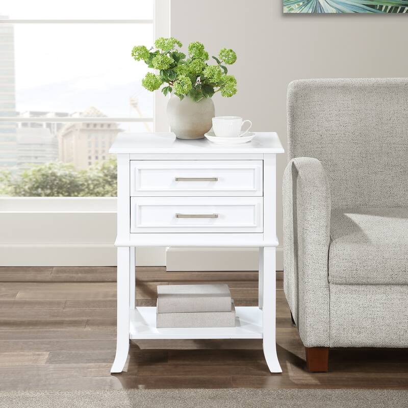 2 Drawer End Table with Shelf Beveled Top Two Smooth Gliding Drawers with Decorative Design Flared Legs Accent Table - 22