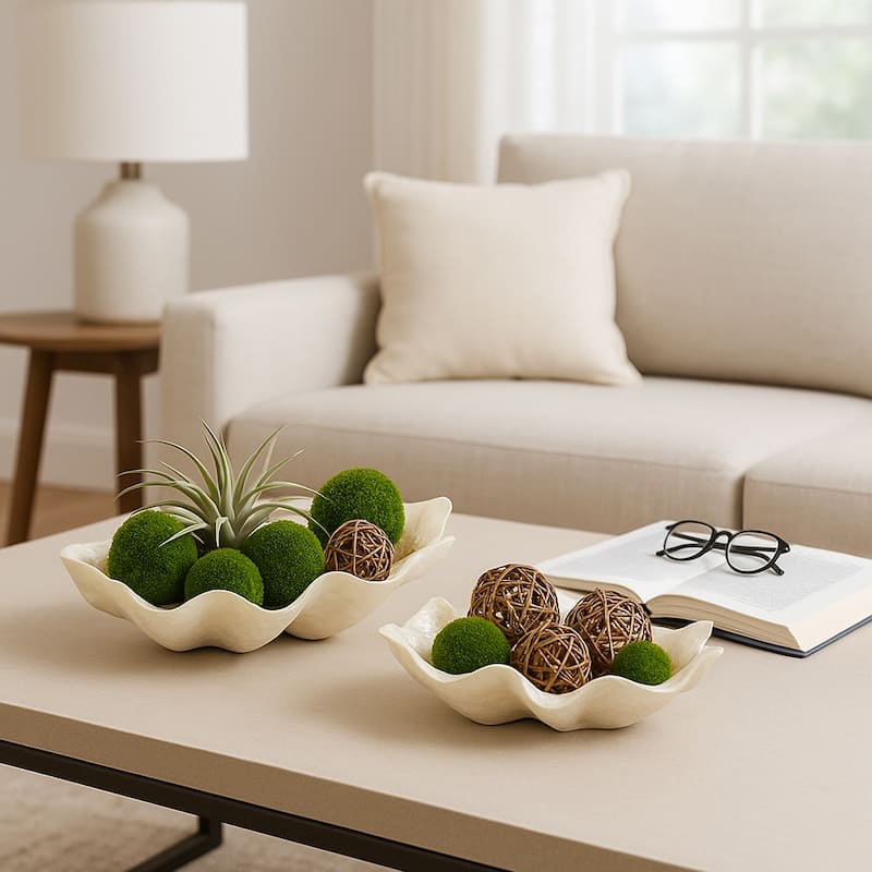 Shell-Inspired Decorative Bowl with Wavy Edge - Set of 2 - 20" Ivory - 20.0"