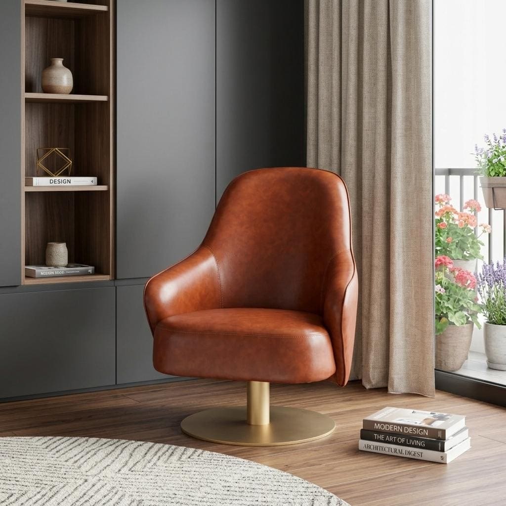 HomeRoots 28" Brown And Gold Faux Leather And Faux Leather Swivel Arm Chair - 28.00 in. x 36.40 in. x 31.50 in.