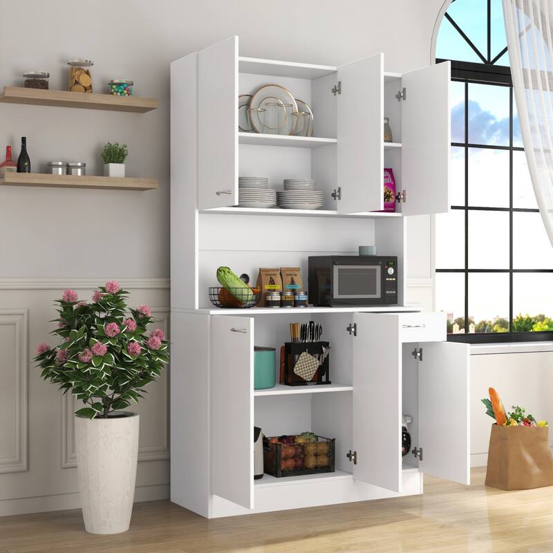 Modern Tall Cabinet with 6 Doors, 1 Open Shelf and 1 Drawer for Bedroom, Kitchen - White