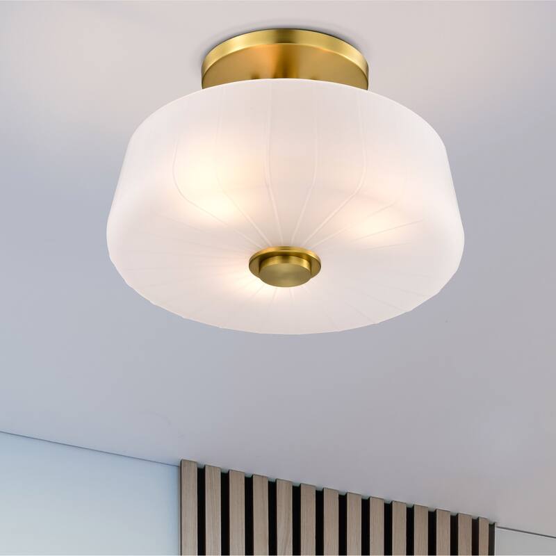 Lune 3 Light Semi-Flush Vintage Brass Finish Etched White Glass - Vintage Brass