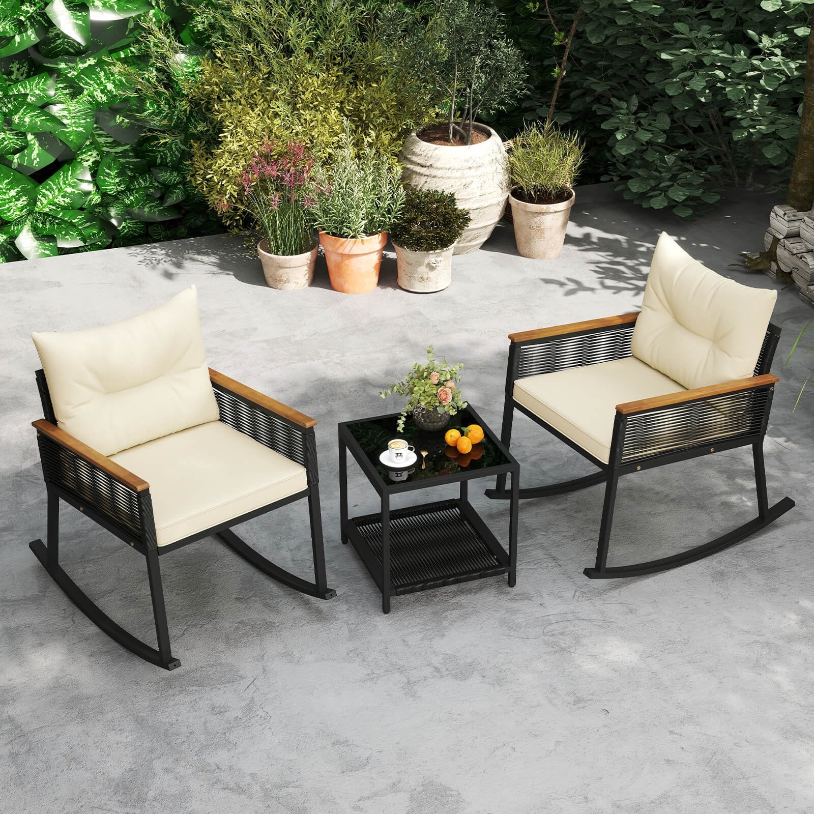 Costway 3 PCS Outdoor Rocking Bistro Set with 2-Tier Coffee Table, - See Details