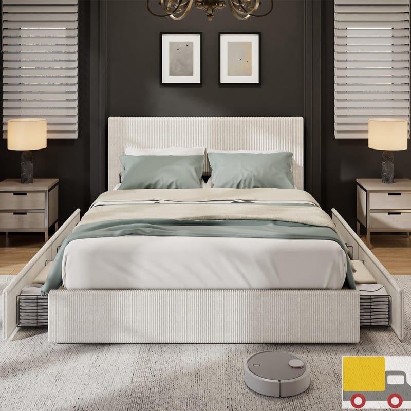 Platform Bed with Channel Tufted Corduroy Headboard and 4 Storage Drawers