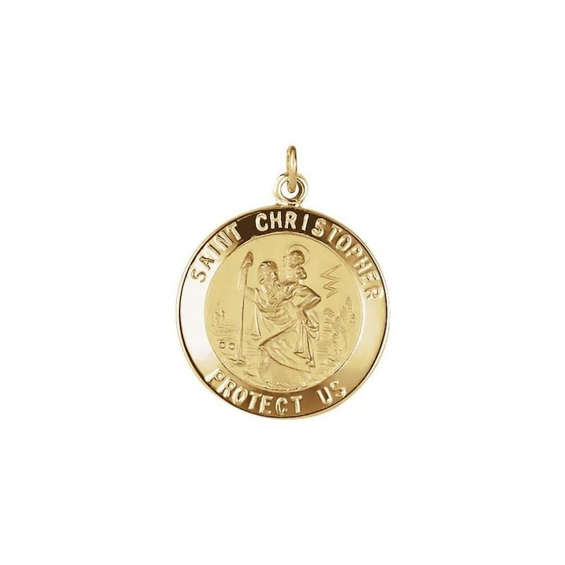 Curata 14k Yellow Gold 20mm Polished Round St. Christopher Medal Necklace, 16"