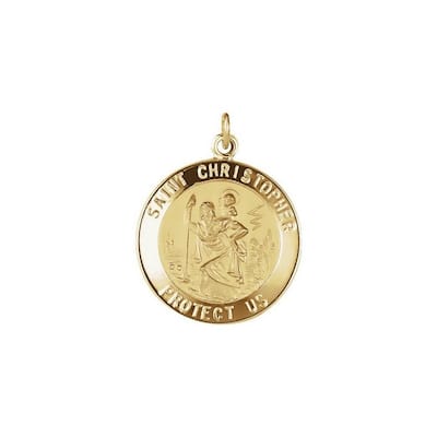 Curata 14k Yellow Gold 20mm Polished Round St. Christopher Medal Necklace, 16"