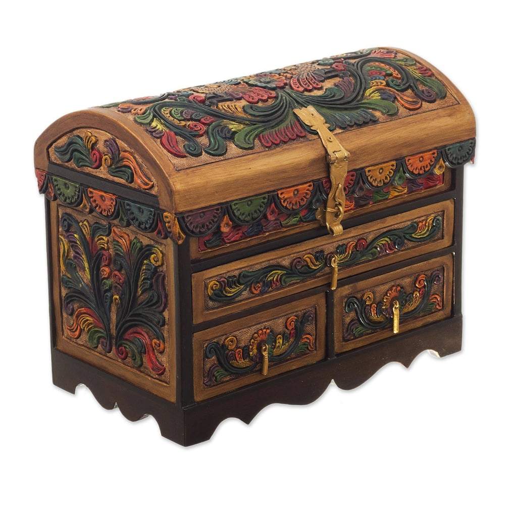 Handmade Guardian Birds Leather and wood jewelry box (Peru)