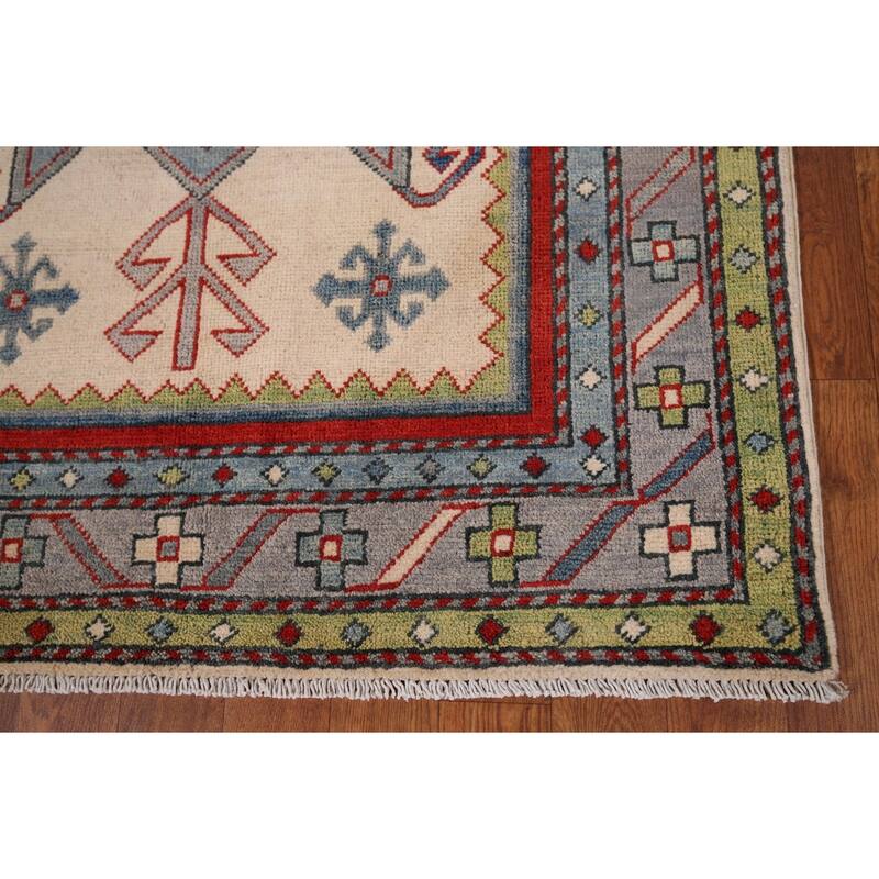 Ivory Geometric Kazak Oriental Foyer Rug Handmade Wool Carpet - 3'3" x 4'11"