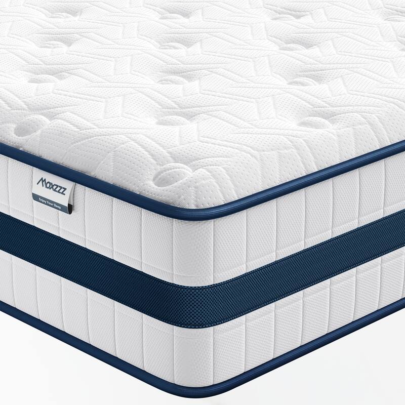 Roomfitters 12 Inch Queen Hybrid Mattress, High Density Memory Foam and 7-Zone Pocket Spring Bed for Back Support, White+Blue