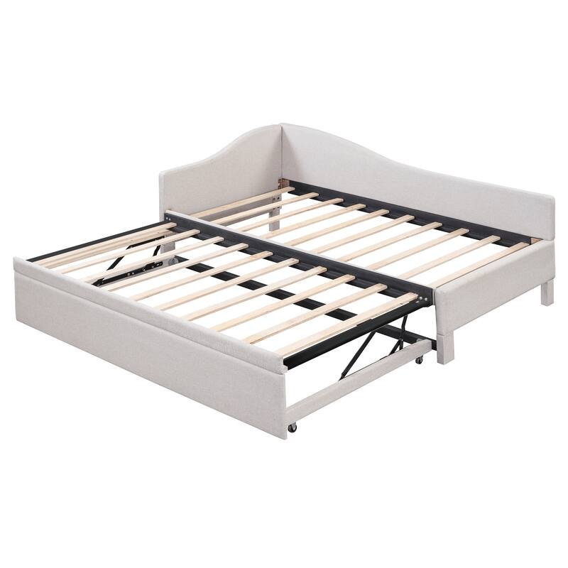 Roomfitters Twin Size Upholstered L-Shaped Daybed with Pop Up Trundle, Space Saving Fabric Sofa Bed Frame with Slats