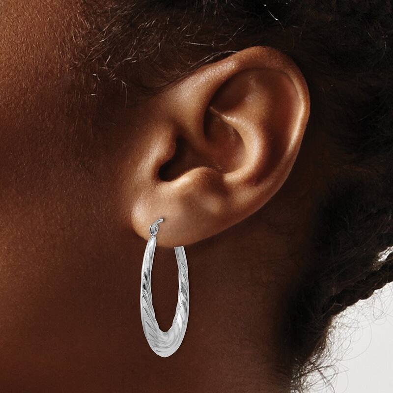 Curata 14k White Gold Polished Textured Oval Hoop Post Earrings - 32x4mm