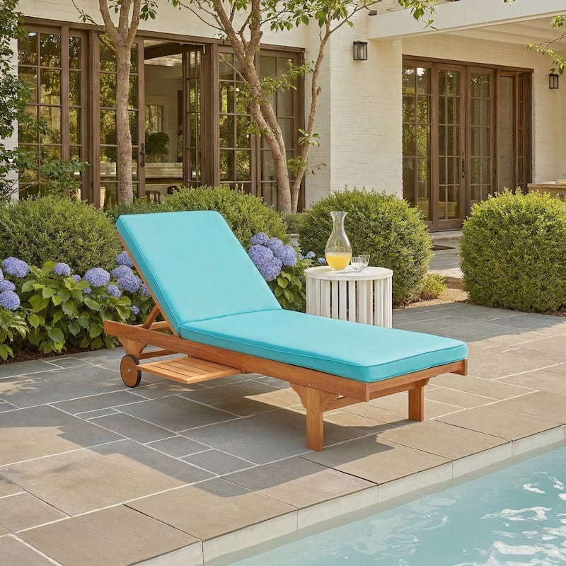 SAFAVIEH Outdoor Aubrie Adjustable Chaise Lounge Chair with Wheel. - Natural/Aqua.