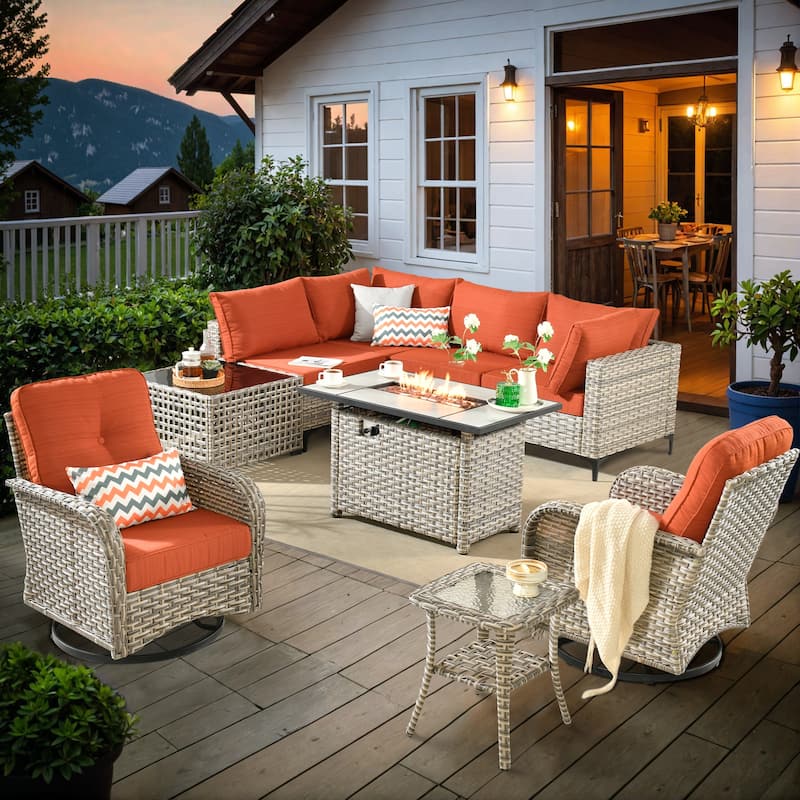 OVIOS 9 Pieces Outdoor Wicker Swivel Chair Set With Fire Table