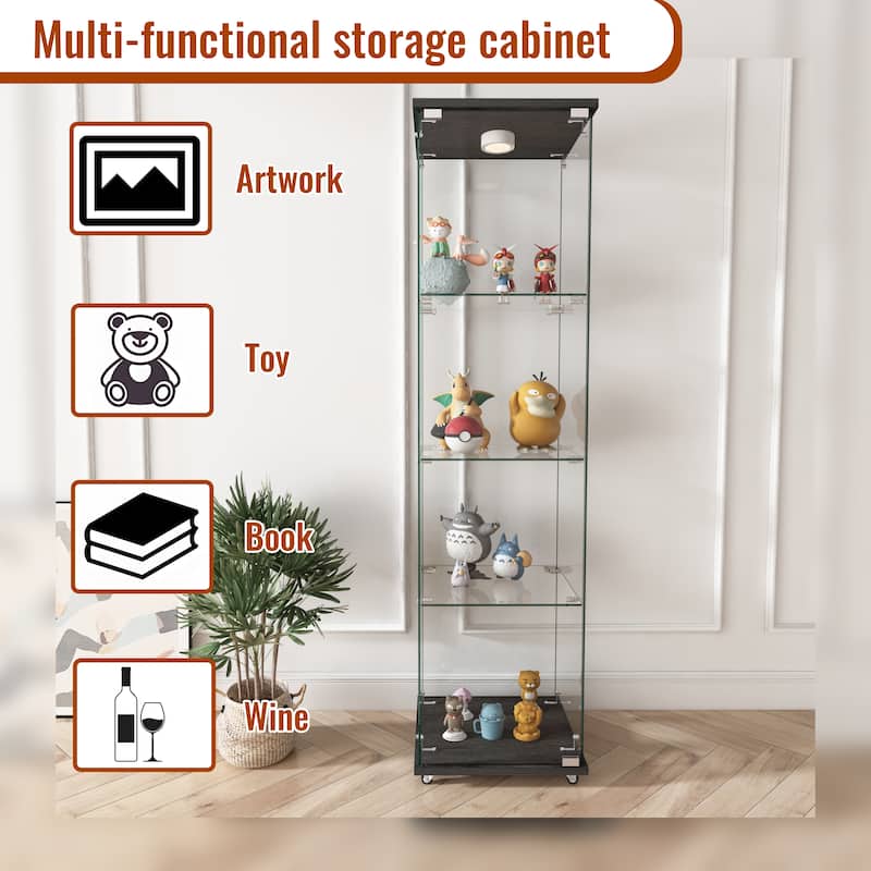 Modern Glass Display Cabinet with LED lights, Quick-assembly Antique Cabinet, Tempered Glass Bookshelf