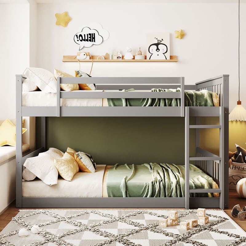 Low Bunk Beds Full Over Full Wood Bunk Bed Frame Floor Bunkbed for Kids Toddlers Boys Girls Teens' Bedroom Dorm