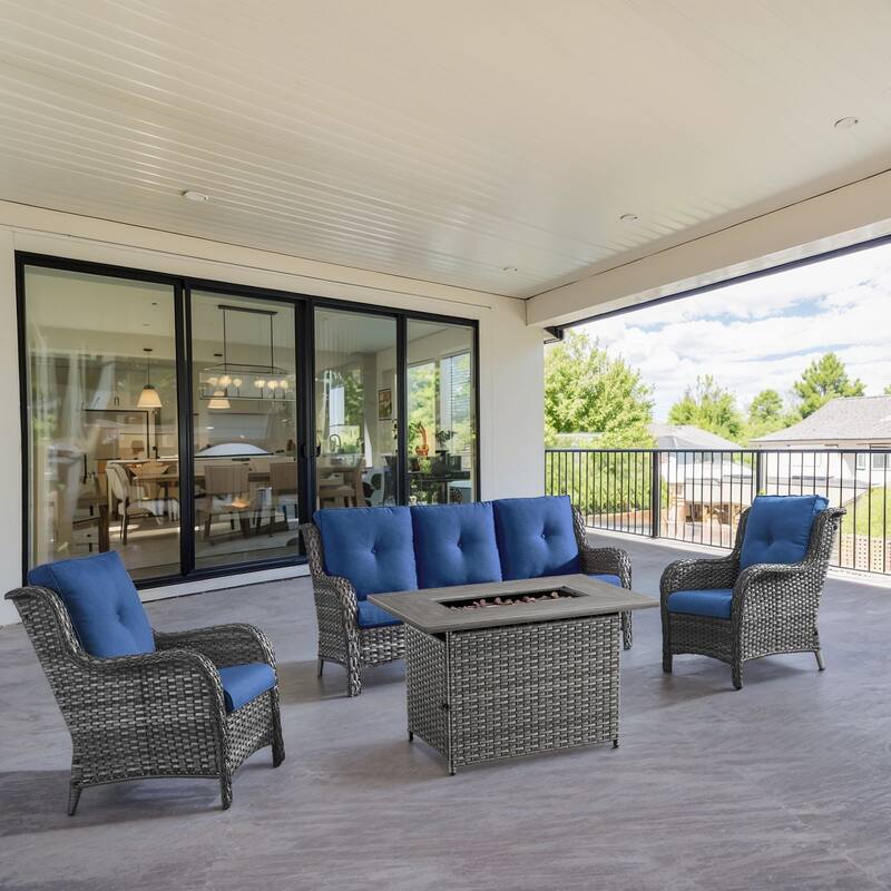 Gymojoy 4-Piece Outdoor Wicker Patio Furniture with Fire Pit Table, Rattan Coversation Set with Water Resistant Thick Cushions - Grey Wicker / Blue Cusion - 4-Piece