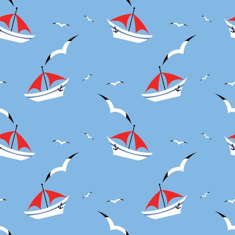 Yacht on Sea and Seagull Removable Wallpaper - 10'ft H x 24''inch W