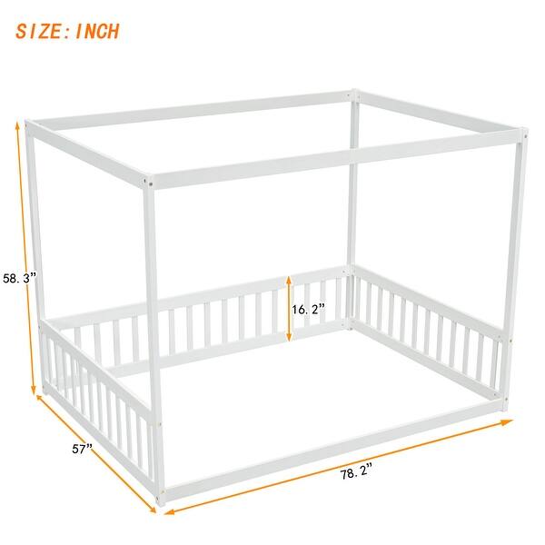 dimension image slide 2 of 3, Full Size Canopy Frame Floor Bed with Fence,Guardrails