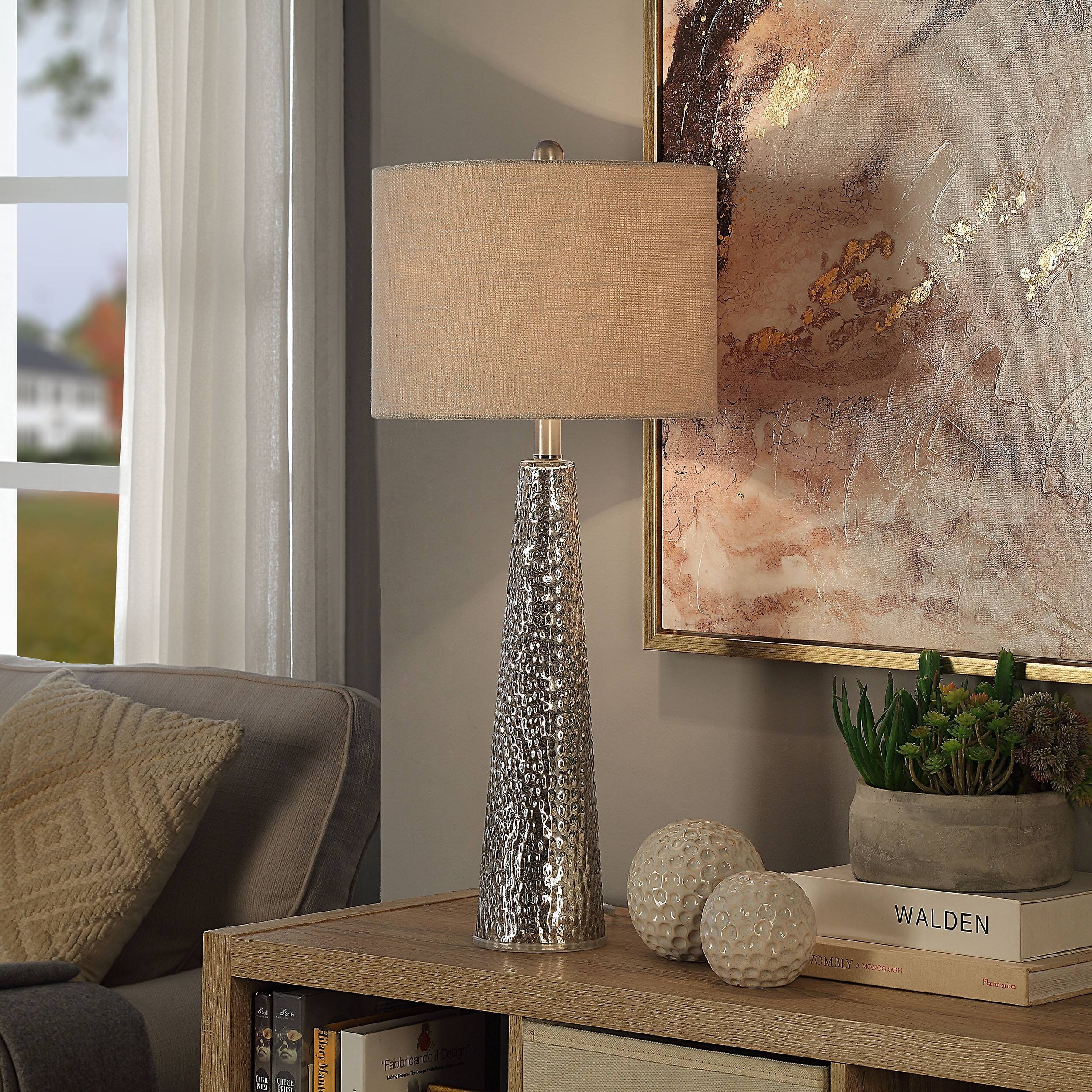 Table Lamp - Mercury Glass Finish - Off-White Hardback Fabric Shade ...