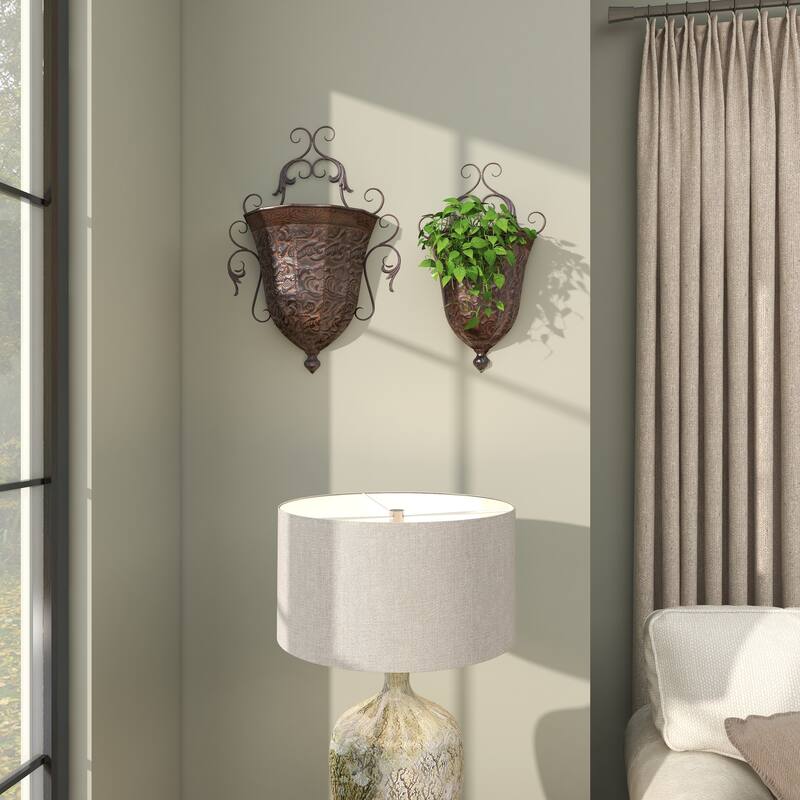 Brown Metal Indoor Outdoor Hanging Vintage Scroll Indoor Outdoor Wall Planter with Vine Accents (Set of 2)