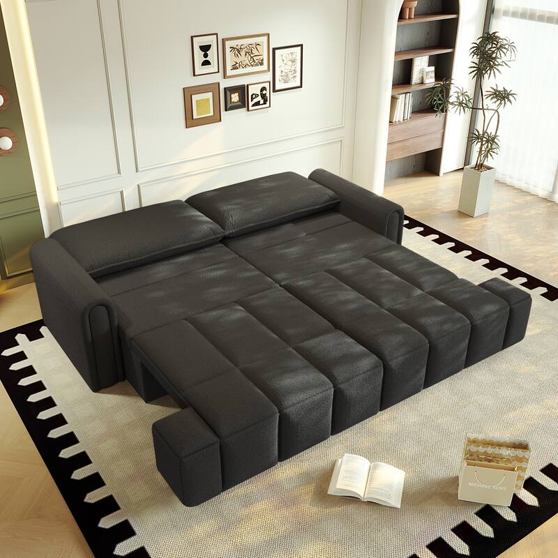 90.2 Inch King 3-in-1 Sleeper Sofa with Seat Storage, Modern 4-Seater Convertible Teddy Fabric Couch