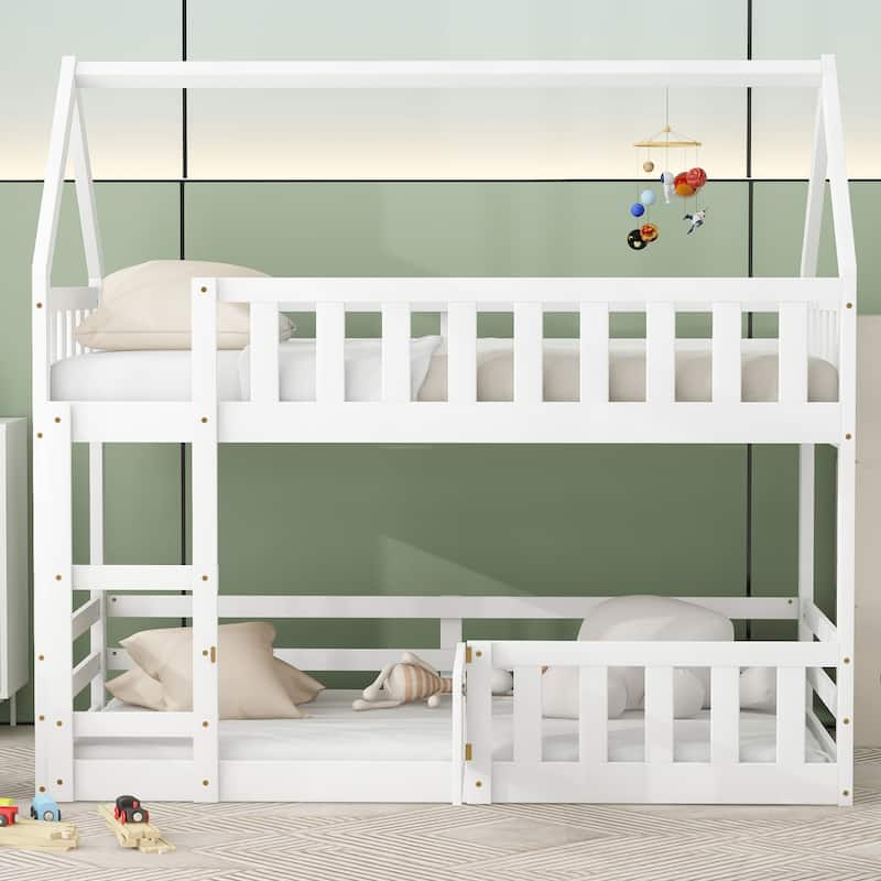 Solid Wood Twin Over Twin House Bunk Bed with Fence and Door