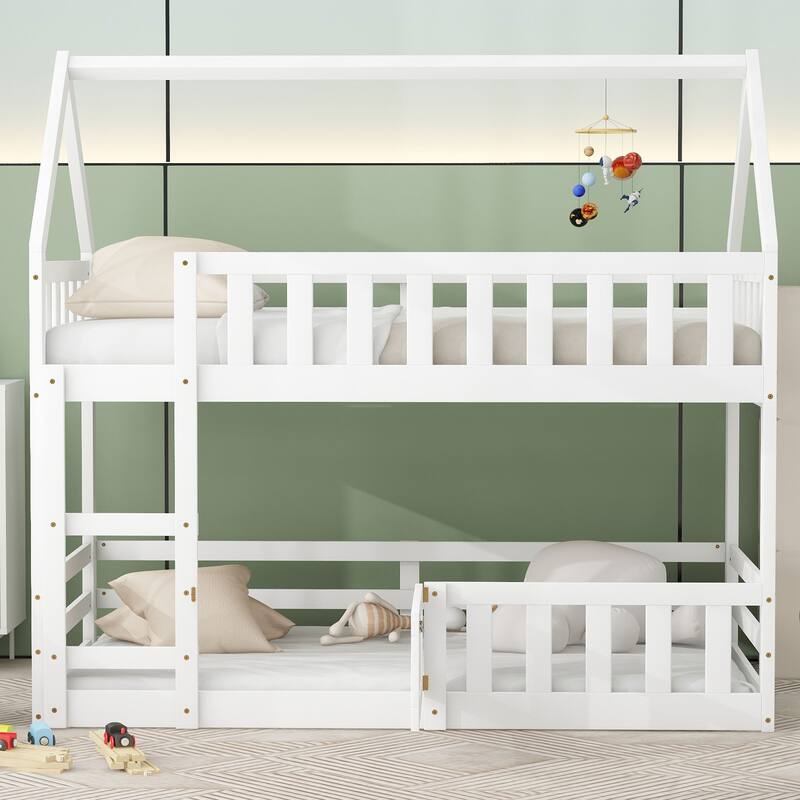 Twin Over Twin Bunk Bed with Fence and Door House Shape Design Solid Wood