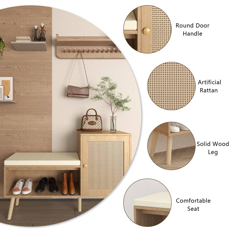2-in-1 Rattan Shoe Bench with Hidden Storage & Cushioned Seat