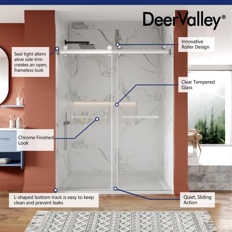 DeerValley 56" - 60" W x 76" H Double Sliding Frameless Shower Enclosure, Stainless Steel Accessories