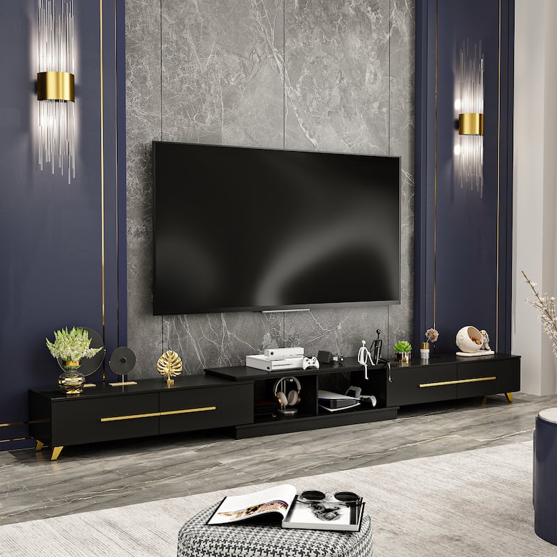 Large Entertainment Stand for TV Up to 55-85 Inch, French White/Black - 133.9"Wx13.1"H - Black