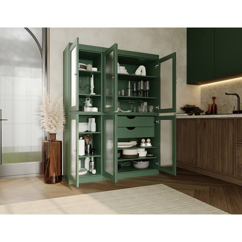 100% Solid Wood 48.5" Pantry Cabinet with Frosted Glass Doors and 2-Drawers - Green