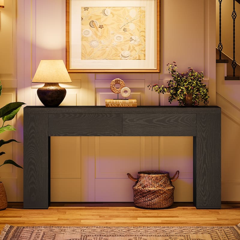 63-Inch Wooden Console Table with 2 Hidden Drawers, Sofa Table for Living Room, Hallway, Entrance, Foyer