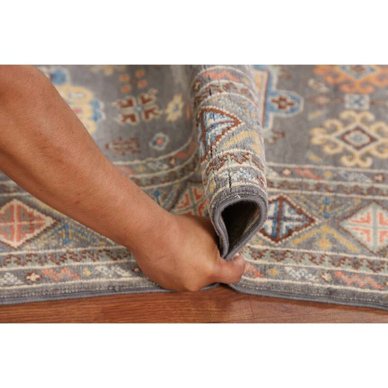 Traditional Kazak Oriental Area Rug Hand-Knotted Grey Wool Carpet - 4'1" x 6'2"