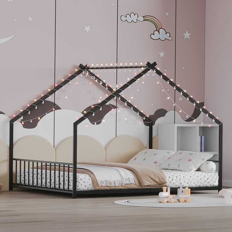 Full size children's bed frame with LED light strips, Roof-shaped iron frame bed - Black