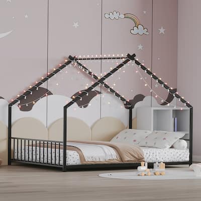 Full size children's bed frame with LED light strips, roof-shaped iron frame bed, Black,78.5" L x 55.9" W x 58.4" H.