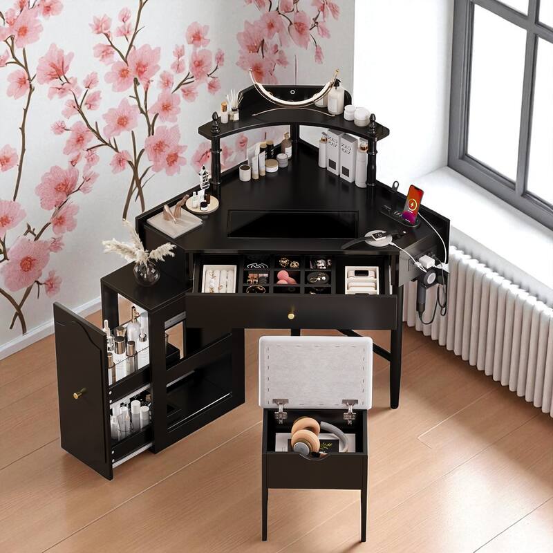 Modern Corner Makeup Vanity Desk with Stool, Charging Ports, Glass Tabletop, Removable Side Cabinet, Drawer & Storage Shelves
