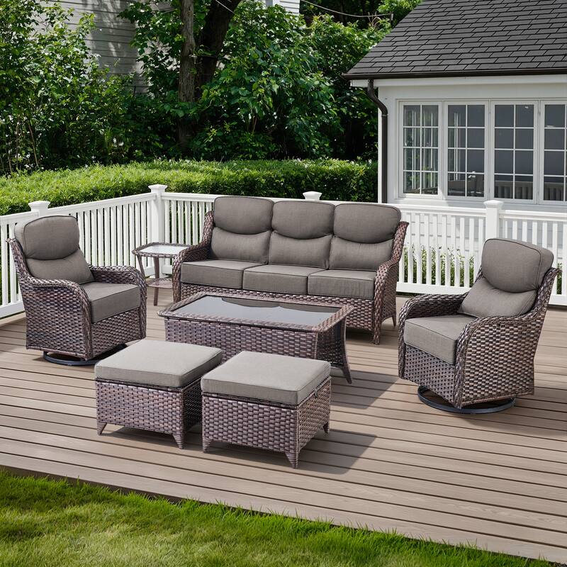 Meyreso 7-Piece Wicker Patio Conversation Set with Swivel Gliders and 6-Inch Thick Cushions