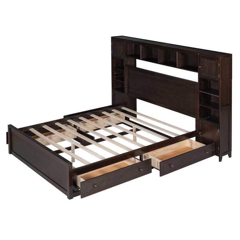 Black Queen Wooden Bed with Built-In Storage Cabinet, Shelf, Drawers, and USB Ports