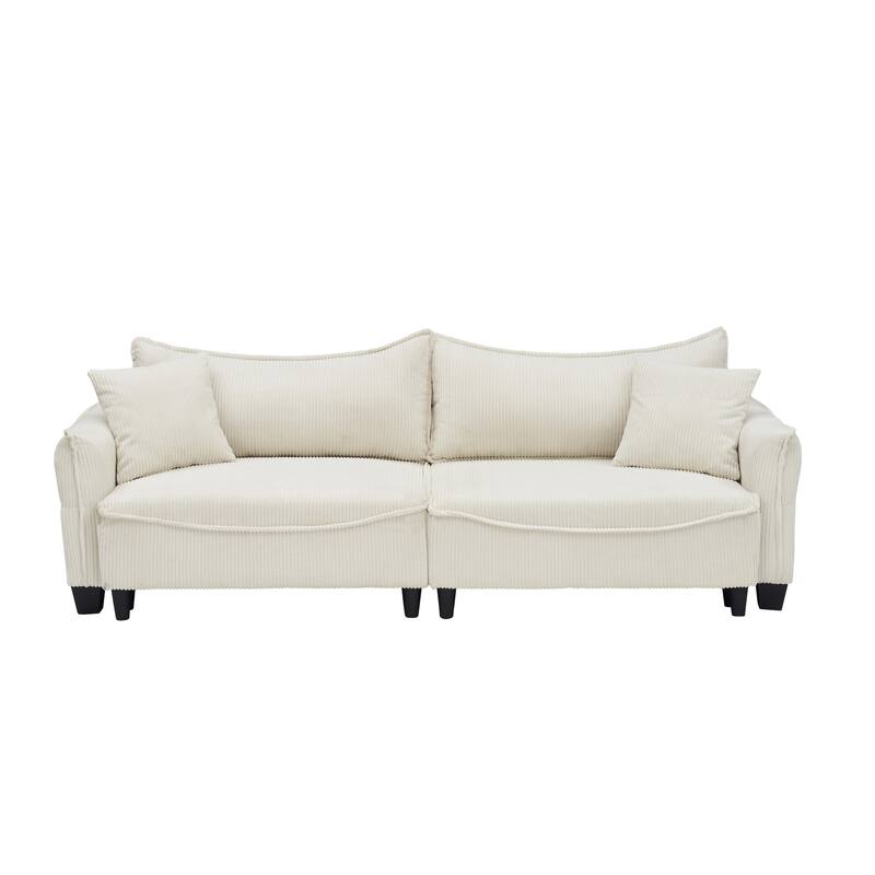 Beige Corduroy Sofa Convertible to Bed with Two Pillows