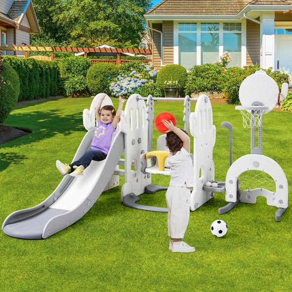 slide 2 of 25, Toddler Slide and Swing Set 7 in 1 with Basketball Hoop Grey