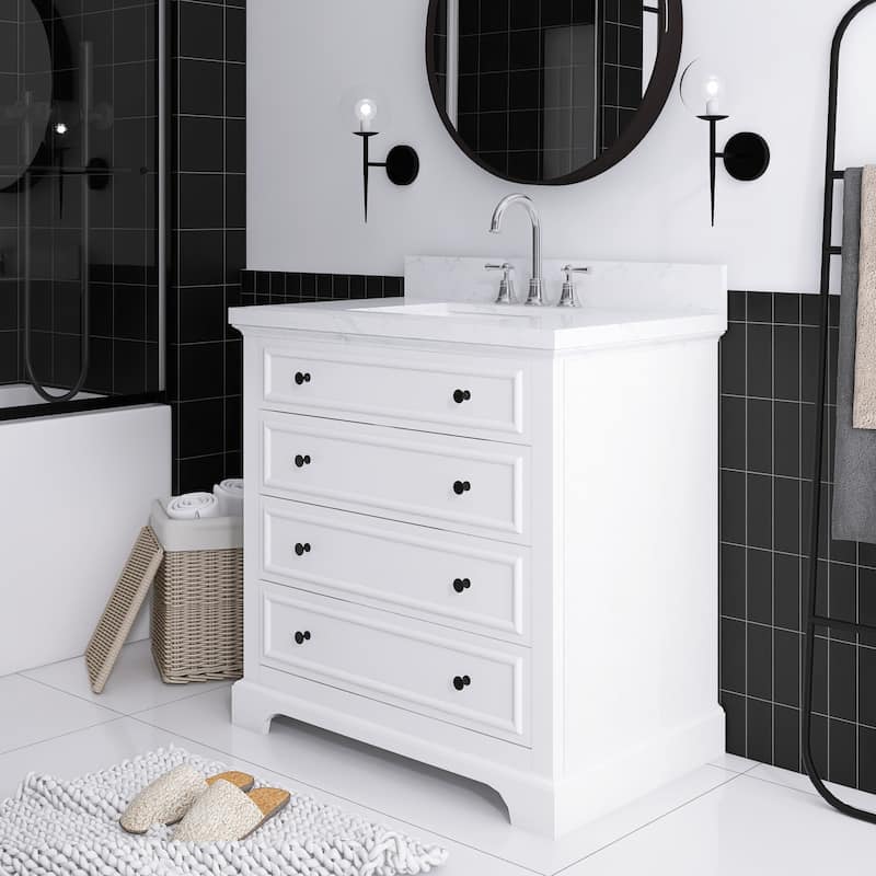 36 Inches Solid Wood Frame Freestanding Bathroom Vanity Set with Engineered Marble Top
