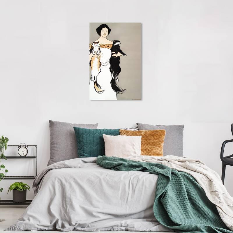 Wynwood Studio Canvas Animals Woman holding cats - Edward Penfield Gray and Modern & Contemporary Wall Art Canvas Print - 36 x 24