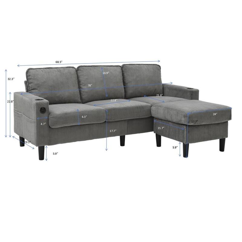 L-Shaped Sectional Sofa with Storage Ottoman, Upholstered 3-Seater Sofa with Side Pockets, USB Port & Cup Holders