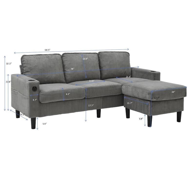 Small Sectional Couches with Storage, 78" L Shaped Sectional Couch with Ottoman, Modular Upholstered Sofa with USB Ports