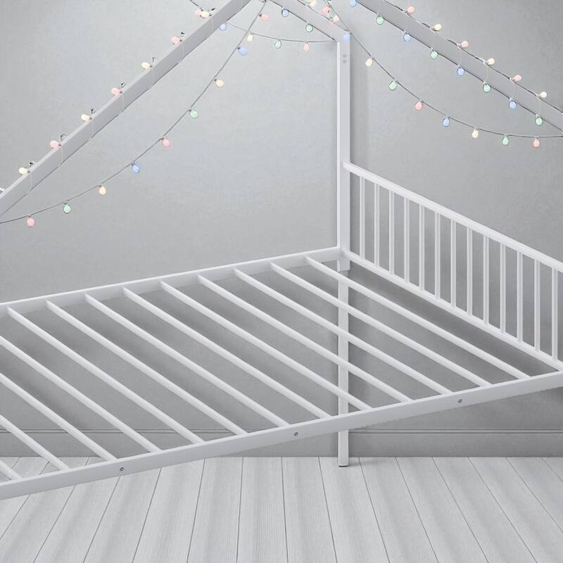 Twin/Full Size Kids Roof-Shaped Metal Bed Frame with Colorful LED Lights, Low Profile Design, 350 lb Capacity