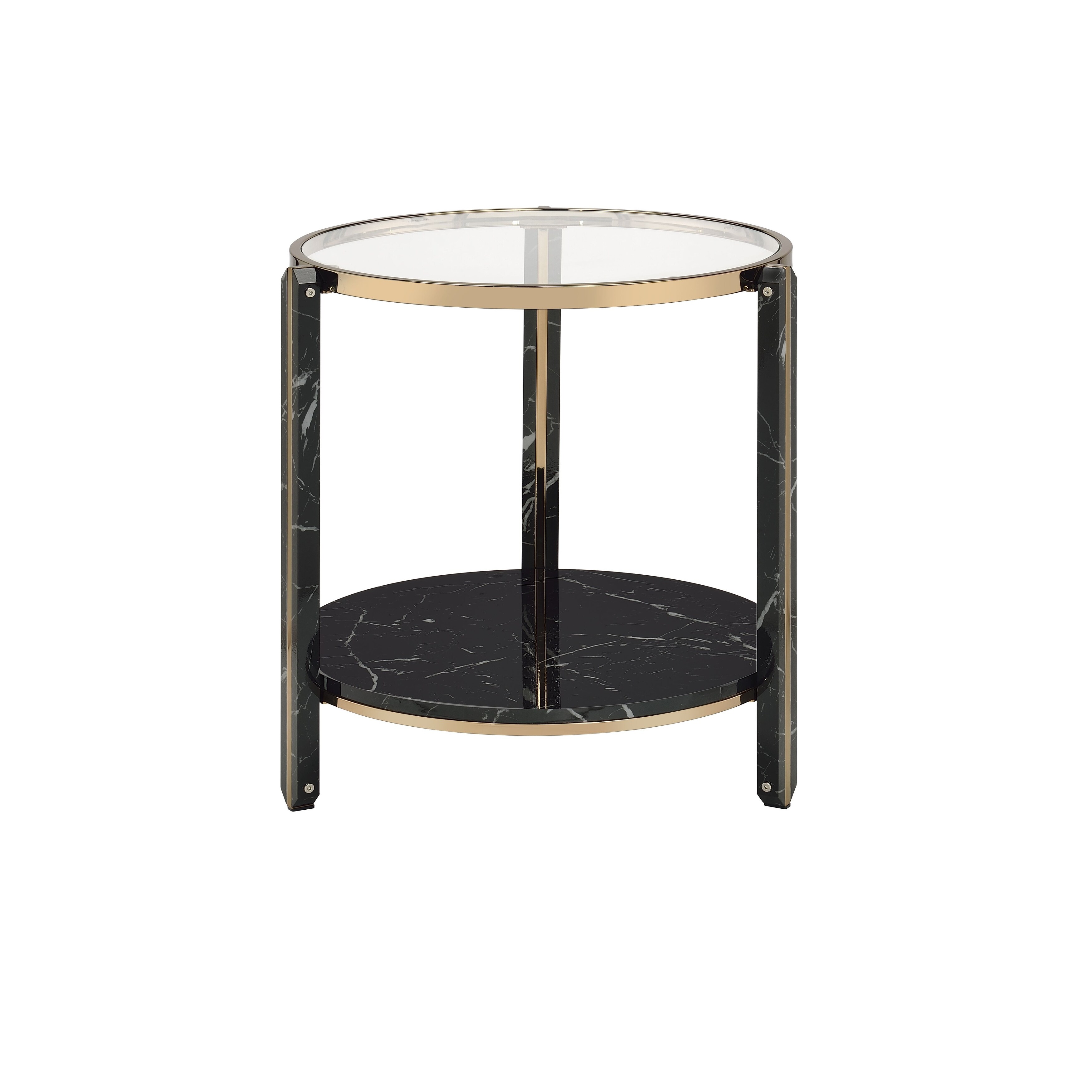 Modern Style End Table, Clear Glass, Faux Black Marble & Champagne Finish