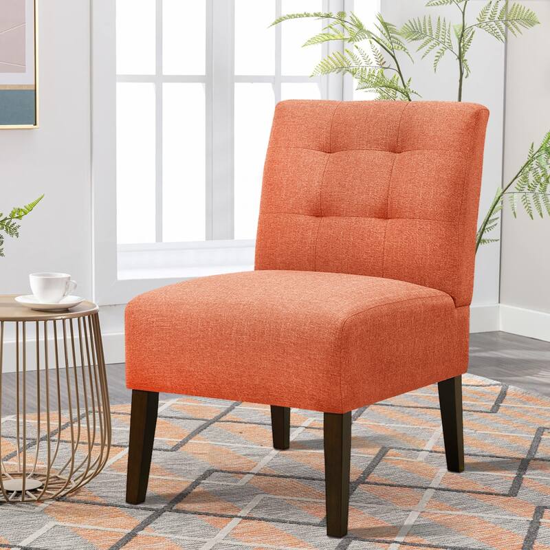 Orange Modern Armless Accent Chair - Tufted Upholstery, Wood Legs, Pin Back, Multi-Scene Fabric Side Chair